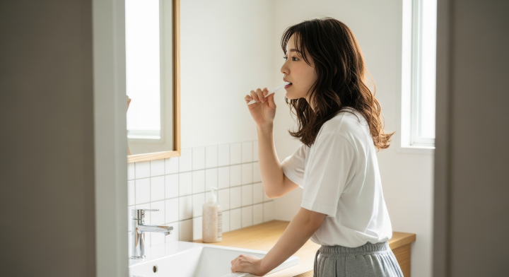 食後に歯磨きをする女性
